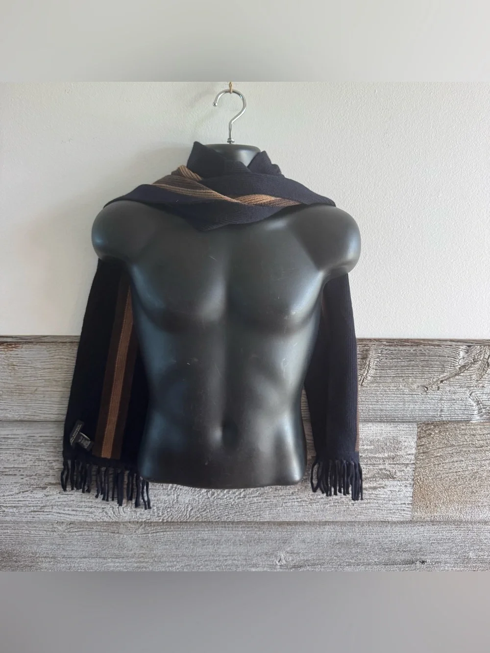 Title  Banana Republic 100% Fine Merino Wool Striped Scarf Black Brown Camel Fri